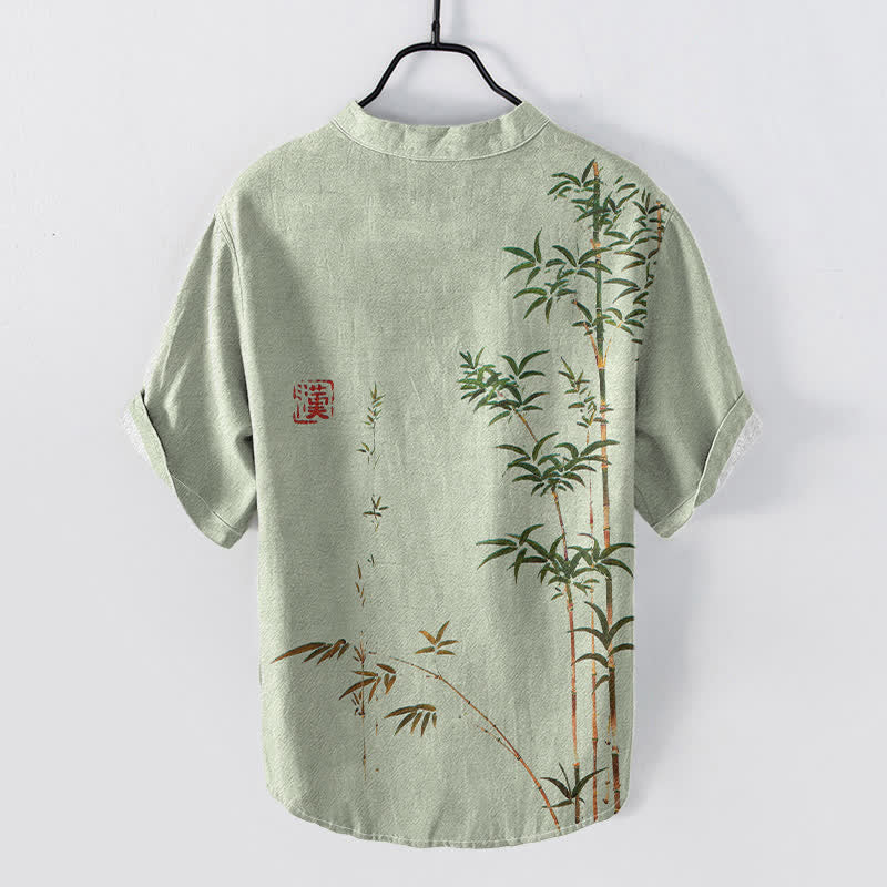 Buddha Stones Camicia da uomo a maniche corte con mezza abbottonatura, in cotone effetto bambù con stampa effetto lavaggio inchiostro. - image 1