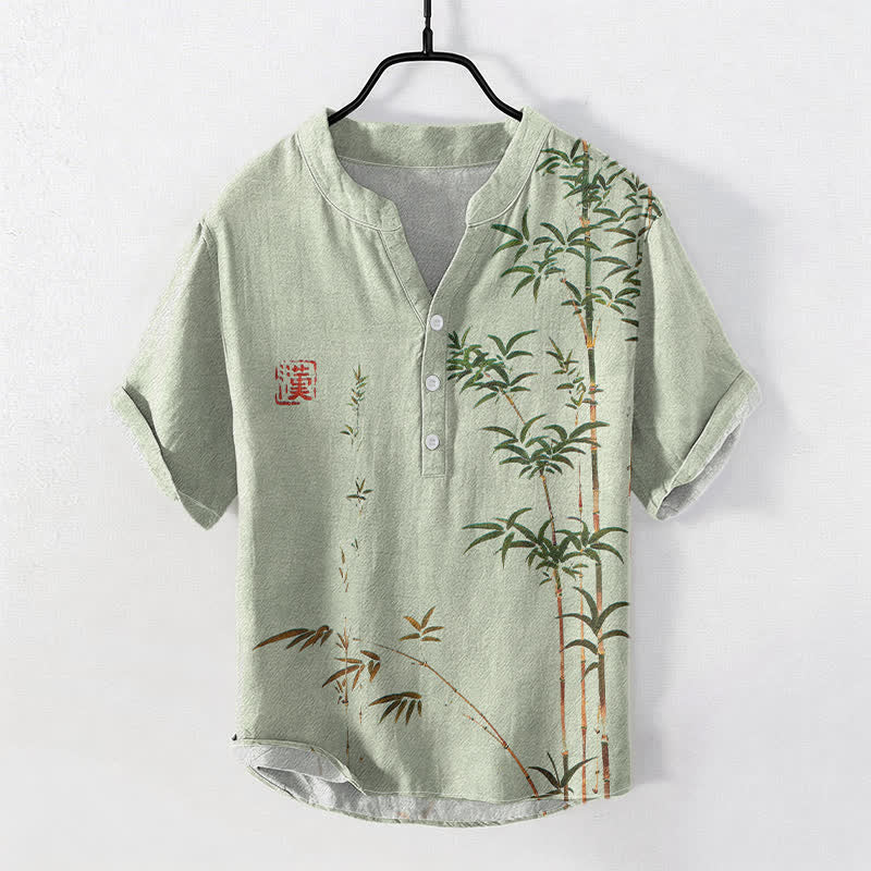 Buddha Stones Camicia da uomo a maniche corte con mezza abbottonatura, in cotone effetto bambù con stampa effetto lavaggio inchiostro. - Verde pallido - US/UK/AU50, EU60 (5XL) - image 0