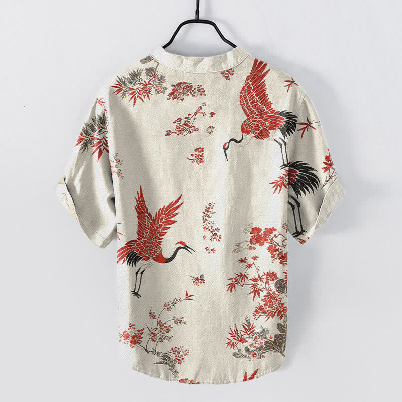 Buddha Stones Camicia da uomo a maniche corte con mezza abbottonatura, in cotone, con motivo floreale e gru rosse. - image 1