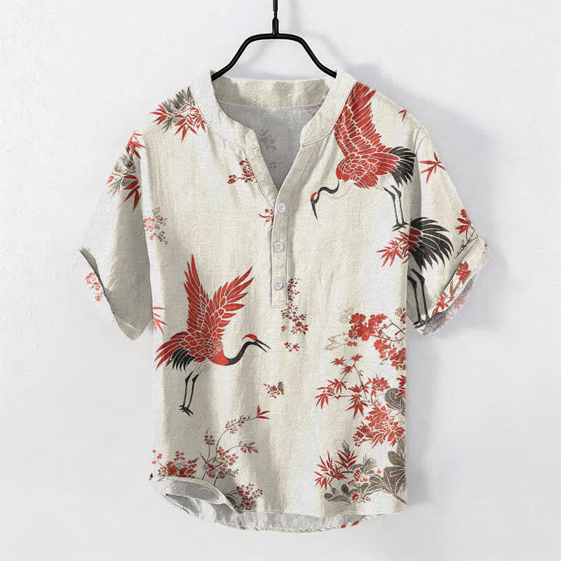 Buddha Stones Camicia da uomo a maniche corte con mezza abbottonatura, in cotone, con motivo floreale e gru rosse. - Biancheria - US/UK/AU50, EU60 (5XL) - image 0