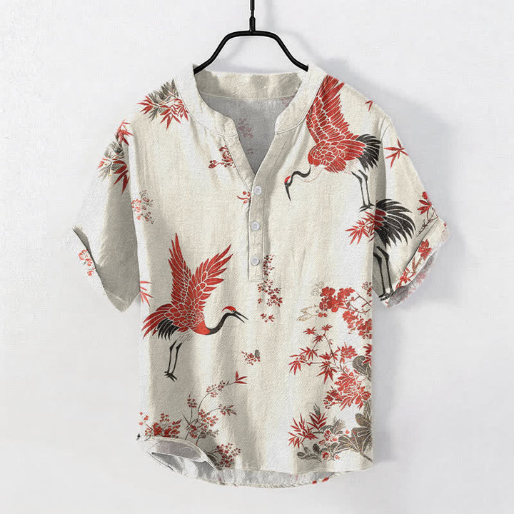 Buddha Stones Camicia da uomo a maniche corte con mezza abbottonatura, in cotone, con motivo floreale e gru rosse. - Biancheria - US/UK/AU50, EU60 (5XL) - image 0