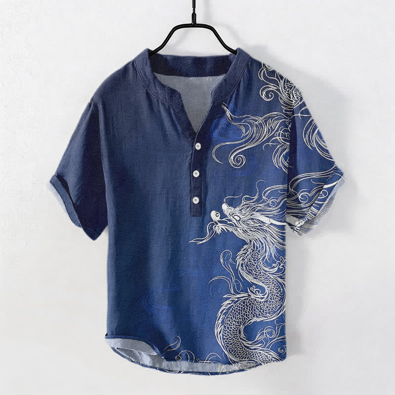 Buddha Stones Camicia da uomo a maniche corte con mezza abbottonatura, in cotone, con motivo a grande drago bianco. - Marina - US/UK/AU50, EU60 (5XL) - image 0