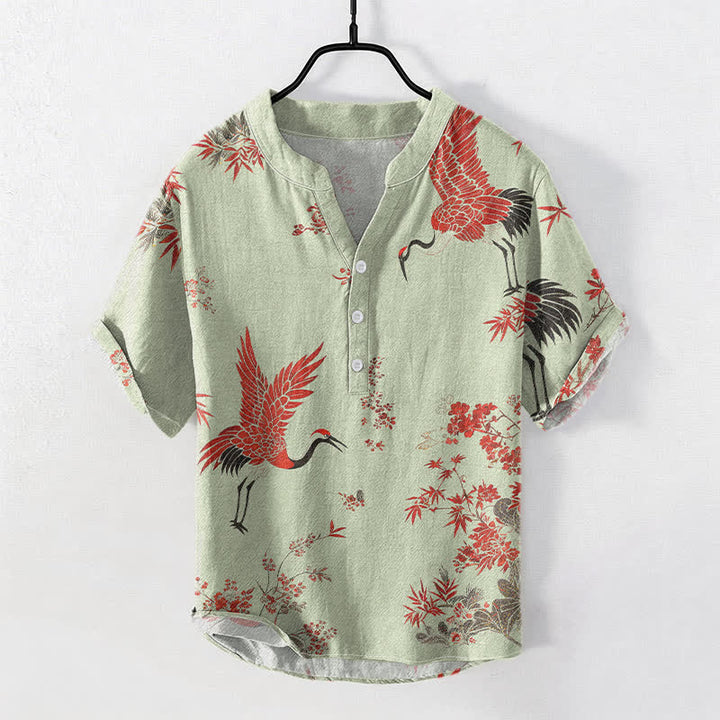 Buddha Stones Camicia da uomo a maniche corte con mezza abbottonatura, in cotone, con motivo floreale e gru rosse. - Verde pallido - US/UK/AU50, EU60 (5XL) - image 3