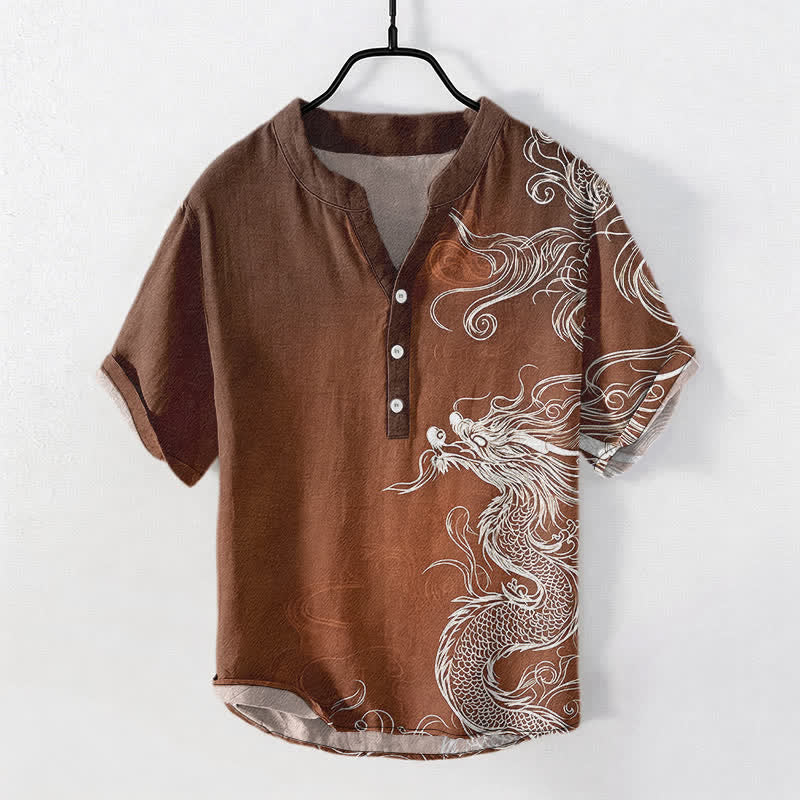 Buddha Stones Camicia da uomo a maniche corte con mezza abbottonatura, in cotone, con motivo a grande drago bianco. - Marrone sella - US/UK/AU50, EU60 (5XL) - image 5