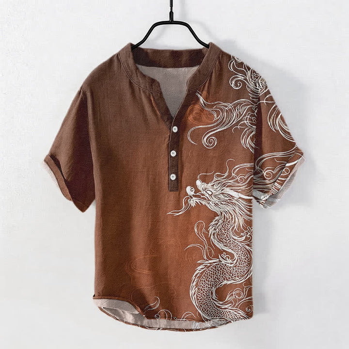 Buddha Stones Camicia da uomo a maniche corte con mezza abbottonatura, in cotone, con motivo a grande drago bianco. - Marrone sella - US/UK/AU50, EU60 (5XL) - image 5
