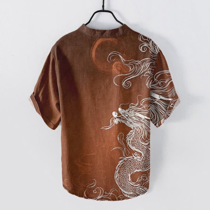 Buddha Stones Camicia da uomo a maniche corte con mezza abbottonatura, in cotone, con motivo a grande drago bianco. - image 6