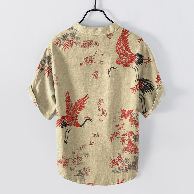Buddha Stones Camicia da uomo a maniche corte con mezza abbottonatura, in cotone, con motivo floreale e gru rosse. - image 6