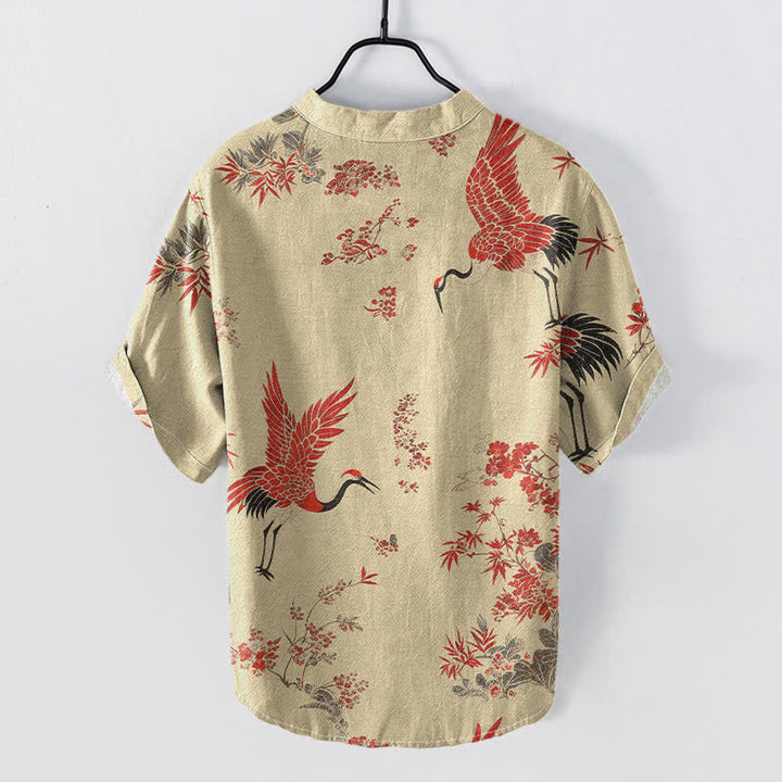 Buddha Stones Camicia da uomo a maniche corte con mezza abbottonatura, in cotone, con motivo floreale e gru rosse. - image 6