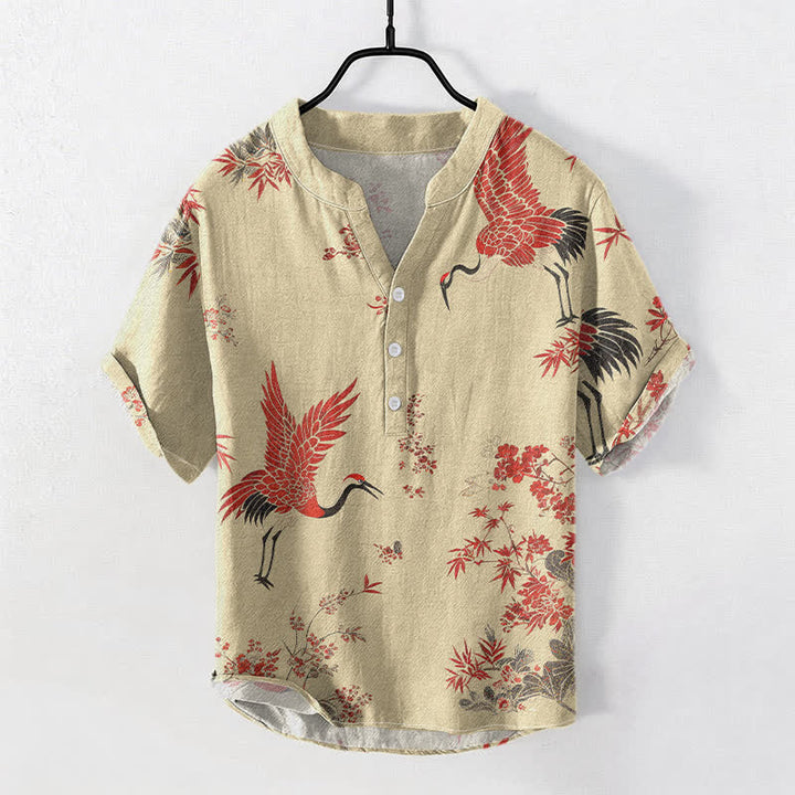 Buddha Stones Camicia da uomo a maniche corte con mezza abbottonatura, in cotone, con motivo floreale e gru rosse. - Grano - US/UK/AU50, EU60 (5XL) - image 5