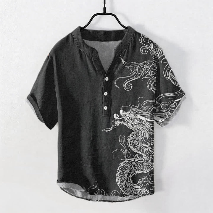Buddha Stones Camicia da uomo a maniche corte con mezza abbottonatura, in cotone, con motivo a grande drago bianco. - Nero - US/UK/AU50, EU60 (5XL) - image 7