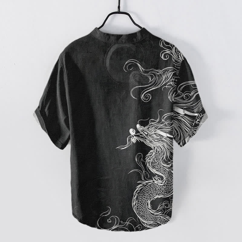 Buddha Stones Camicia da uomo a maniche corte con mezza abbottonatura, in cotone, con motivo a grande drago bianco. - image 8