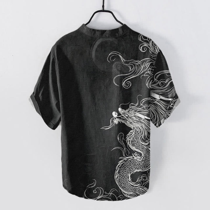 Buddha Stones Camicia da uomo a maniche corte con mezza abbottonatura, in cotone, con motivo a grande drago bianco. - image 8