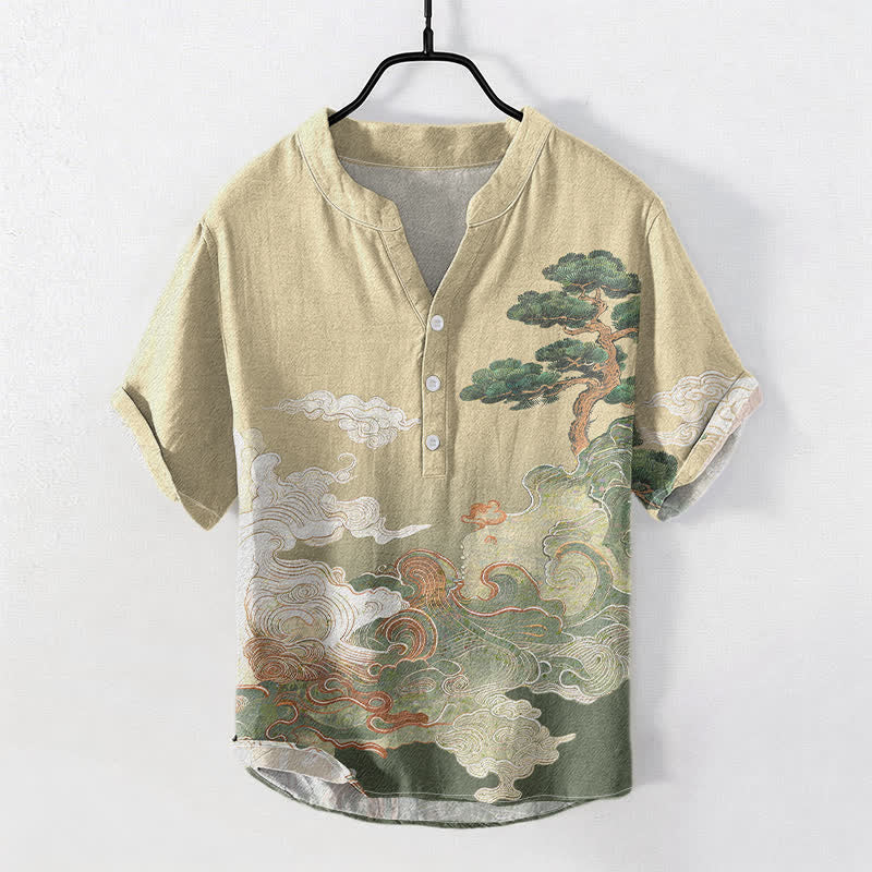 Buddha Stones Camicia da uomo a maniche corte con mezza abbottonatura, stampa a onde di pino, in cotone. - Cachi - US/UK/AU50, EU60 (5XL) - image 0
