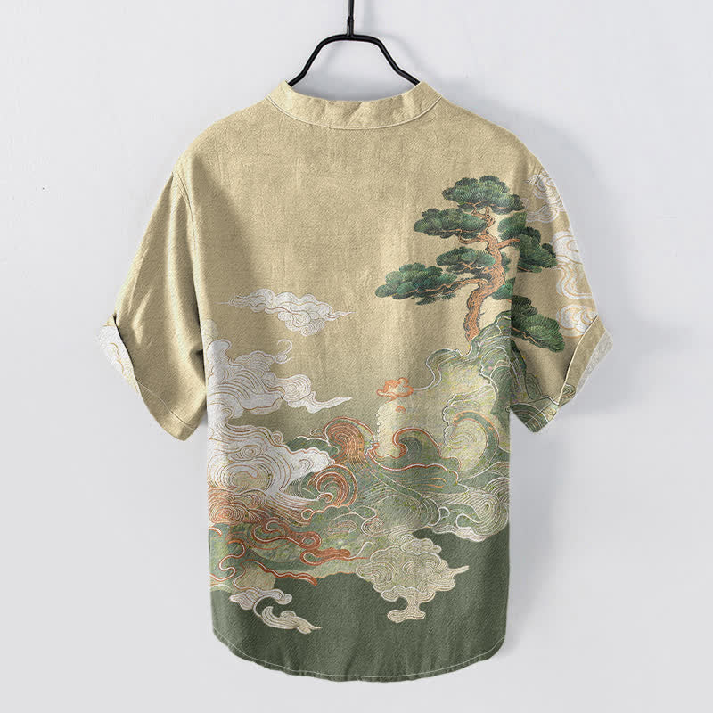 Buddha Stones Camicia da uomo a maniche corte con mezza abbottonatura, stampa a onde di pino, in cotone. - image 1