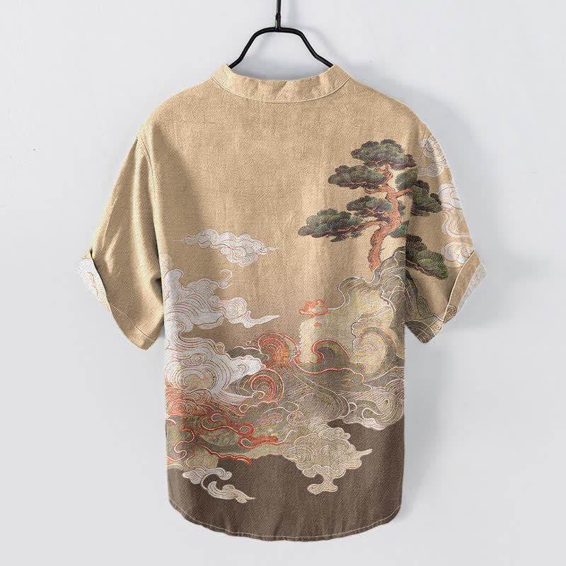 Buddha Stones Camicia da uomo a maniche corte con mezza abbottonatura, stampa a onde di pino, in cotone. - image 4