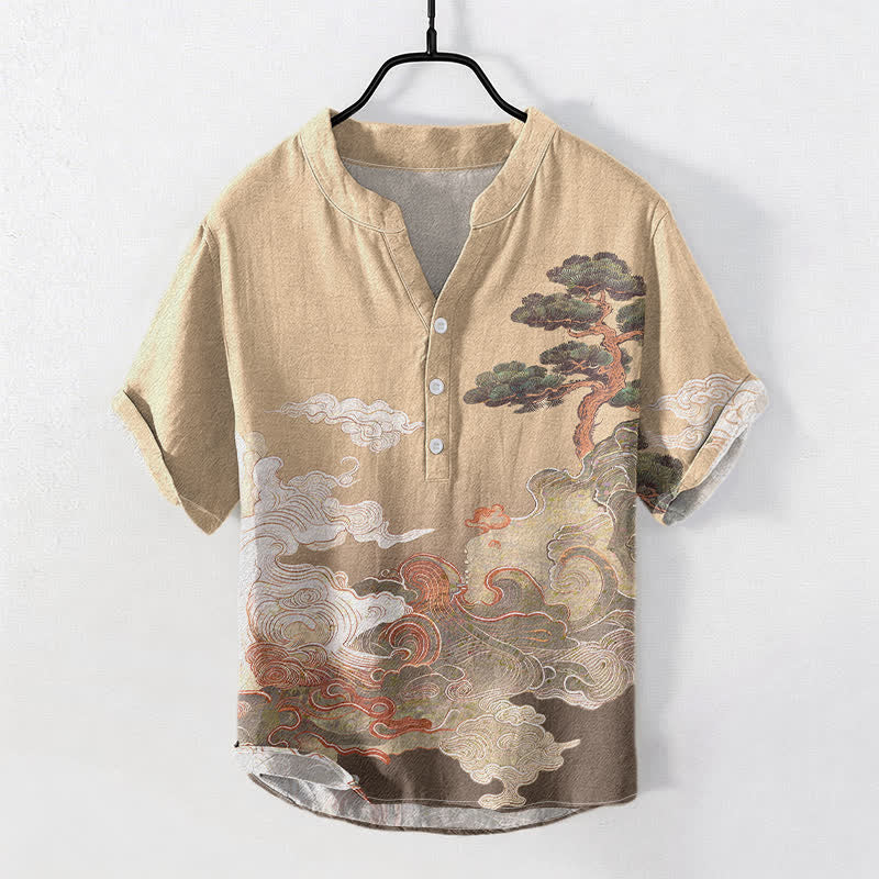 Buddha Stones Camicia da uomo a maniche corte con mezza abbottonatura, stampa a onde di pino, in cotone. - Legno robusto - US/UK/AU50, EU60 (5XL) - image 3