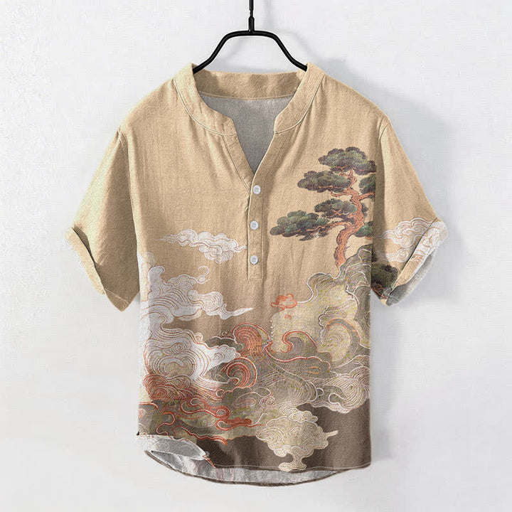 Buddha Stones Camicia da uomo a maniche corte con mezza abbottonatura, stampa a onde di pino, in cotone. - Legno robusto - US/UK/AU50, EU60 (5XL) - image 3