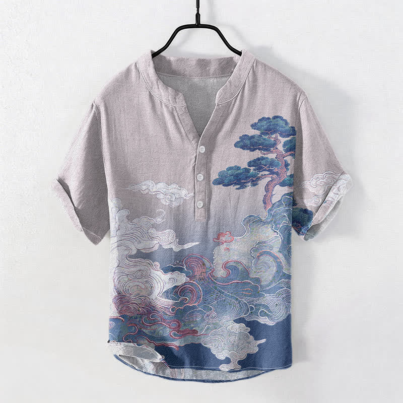 Buddha Stones Camicia da uomo a maniche corte con mezza abbottonatura, stampa a onde di pino, in cotone. - Lavanda - US/UK/AU50, EU60 (5XL) - image 5