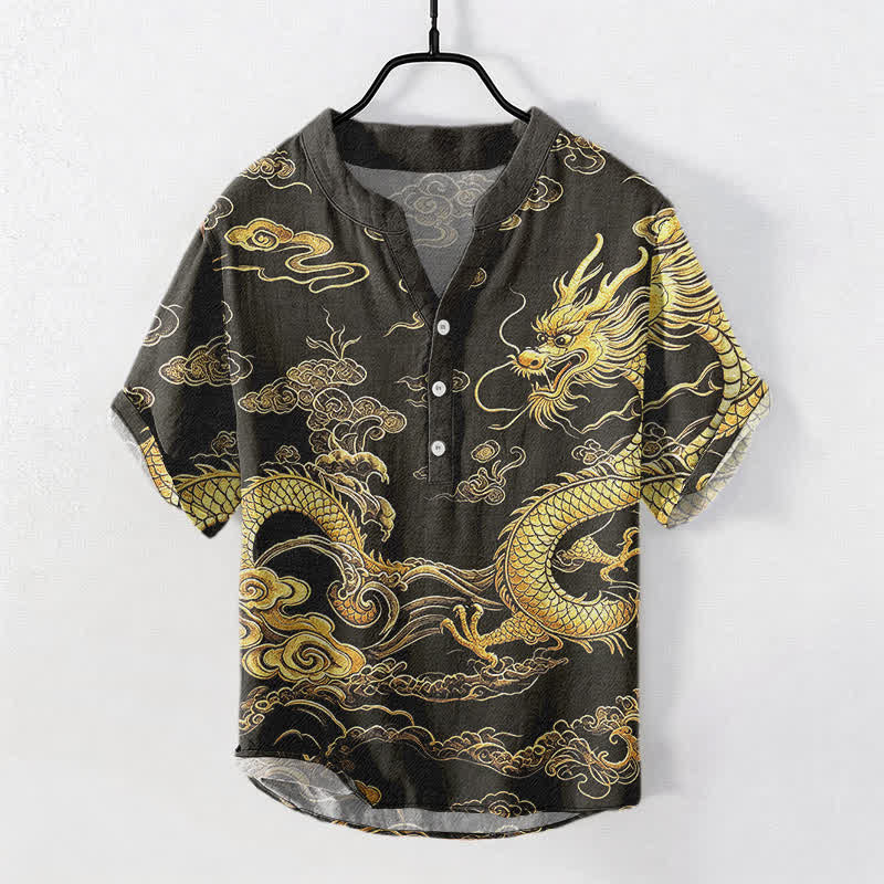 Buddha Stones Camicia da uomo a maniche corte con mezzo bottone, in cotone, con motivo drago dorato e nuvole. - Nero - US/UK/AU50, EU60 (5XL) - image 0