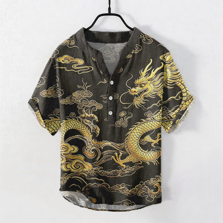 Buddha Stones Camicia da uomo a maniche corte con mezzo bottone, in cotone, con motivo drago dorato e nuvole. - Nero - US/UK/AU50, EU60 (5XL) - image 0
