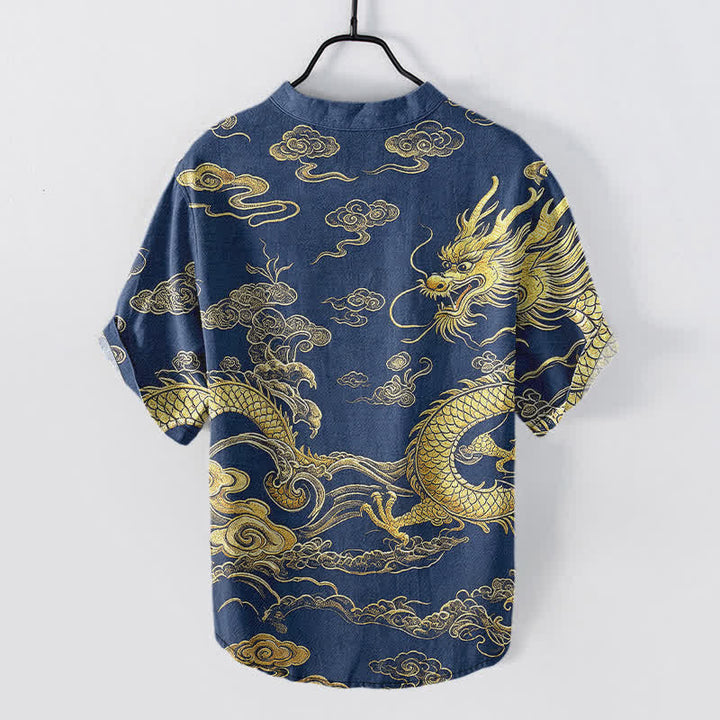 Buddha Stones Camicia da uomo a maniche corte con mezzo bottone, in cotone, con motivo drago dorato e nuvole. - image 6