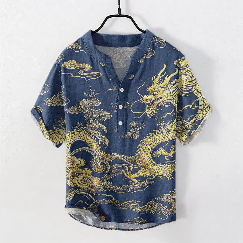 Buddha Stones Camicia da uomo a maniche corte con mezzo bottone, in cotone, con motivo drago dorato e nuvole. - Blu reale - US/UK/AU50, EU60 (5XL) - image 5