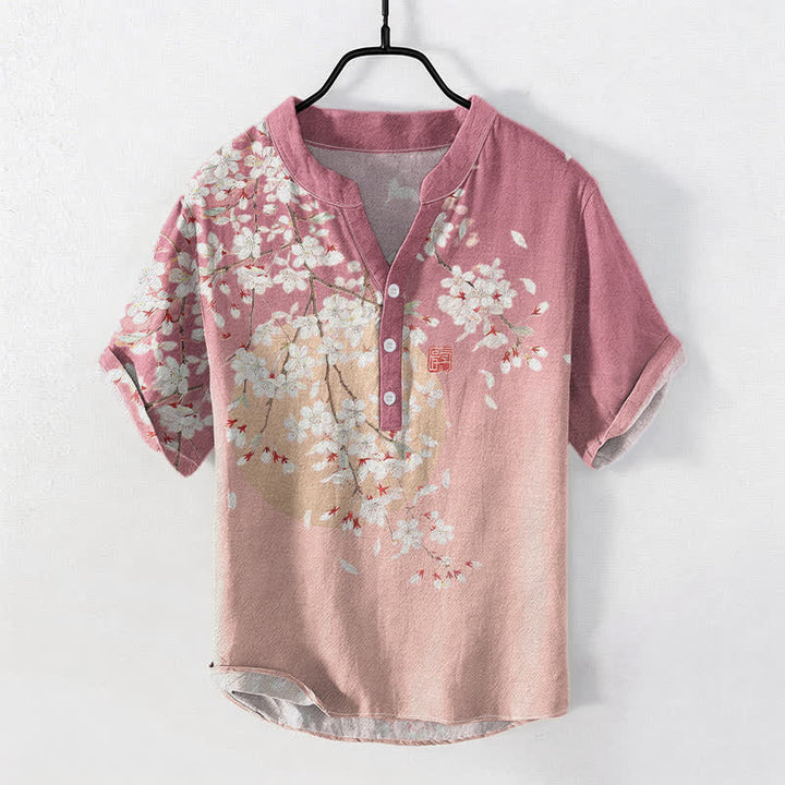Buddha Stones Camicia da uomo a maniche corte con mezza abbottonatura, in puro cotone, con motivo ad acquerello di fiori di ciliegio. - Rosa chiaro - US/UK/AU50, EU60 (5XL) - image 0