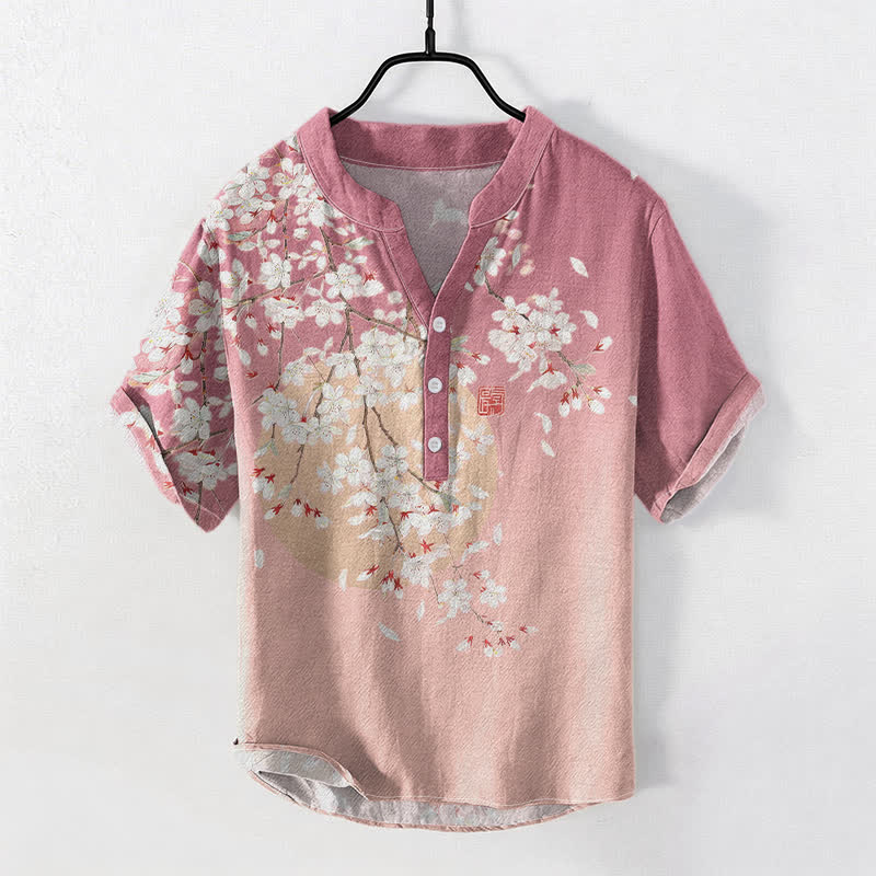 Buddha Stones Camicia da uomo a maniche corte con mezza abbottonatura, in puro cotone, con motivo ad acquerello di fiori di ciliegio. - Rosa chiaro - US/UK/AU50, EU60 (5XL) - image 0