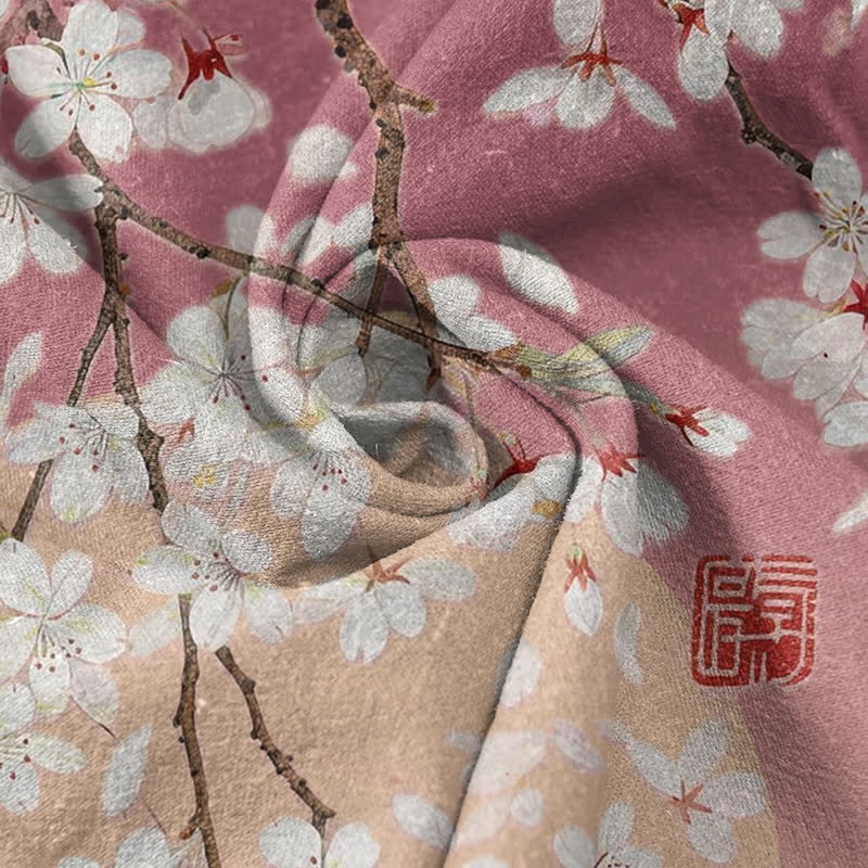Buddha Stones Camicia da uomo a maniche corte con mezza abbottonatura, in puro cotone, con motivo ad acquerello di fiori di ciliegio. - image 2