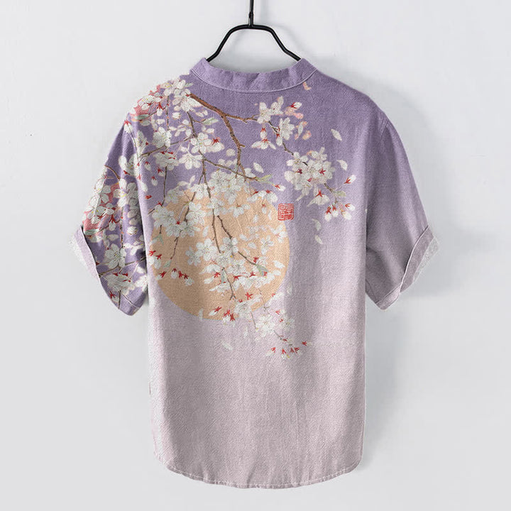 Buddha Stones Camicia da uomo a maniche corte con mezza abbottonatura, in puro cotone, con motivo ad acquerello di fiori di ciliegio. - image 4