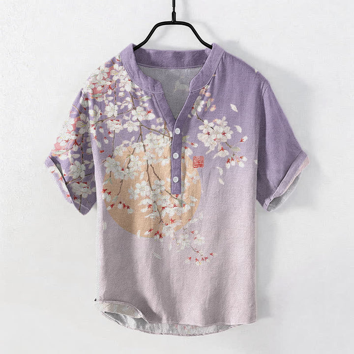 Buddha Stones Camicia da uomo a maniche corte con mezza abbottonatura, in puro cotone, con motivo ad acquerello di fiori di ciliegio. - Lavanda - US/UK/AU50, EU60 (5XL) - image 3