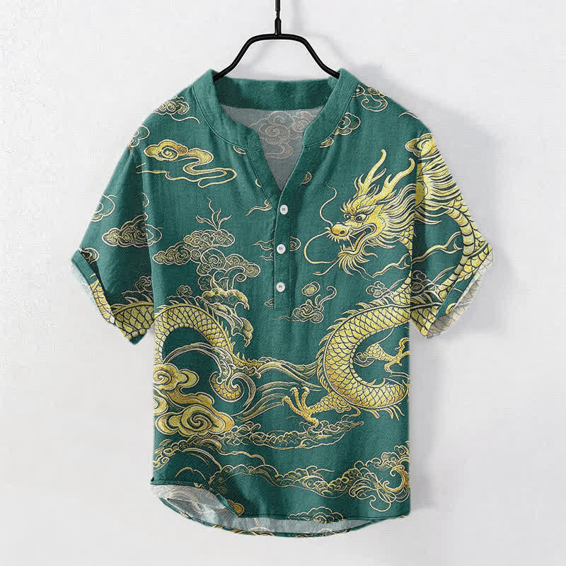 Buddha Stones Camicia da uomo a maniche corte con mezzo bottone, in cotone, con motivo drago dorato e nuvole. - Verde mare - US/UK/AU50, EU60 (5XL) - image 7