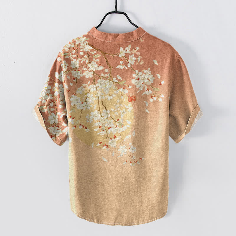 Buddha Stones Camicia da uomo a maniche corte con mezza abbottonatura, in puro cotone, con motivo ad acquerello di fiori di ciliegio. - image 6