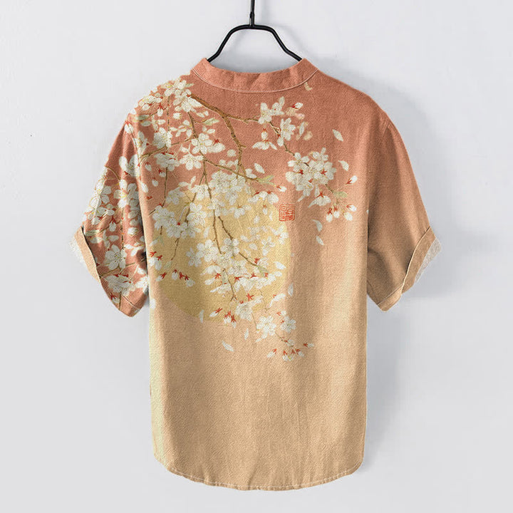 Buddha Stones Camicia da uomo a maniche corte con mezza abbottonatura, in puro cotone, con motivo ad acquerello di fiori di ciliegio. - image 6