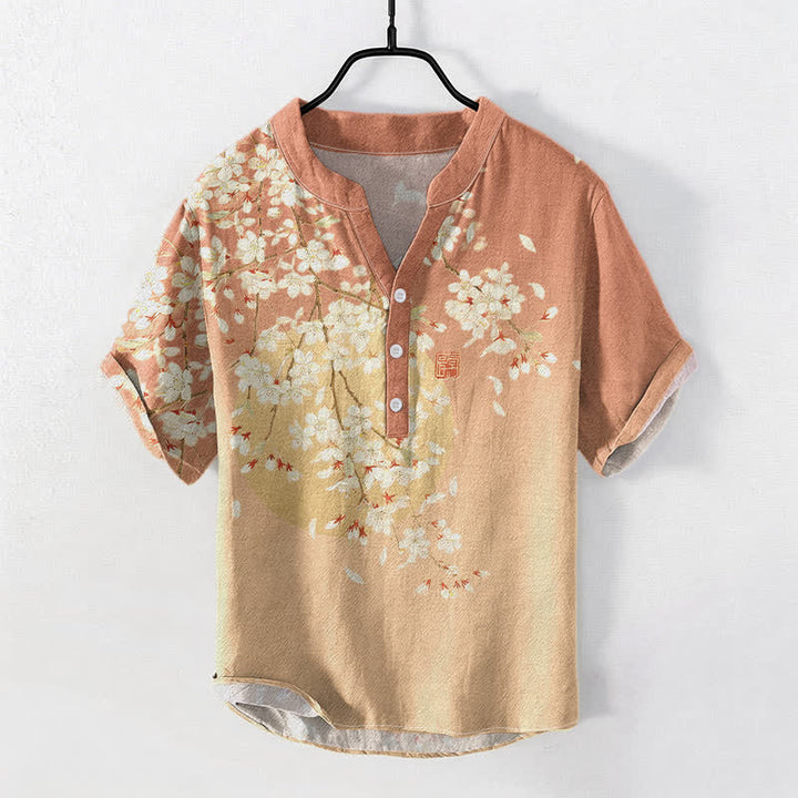 Buddha Stones Camicia da uomo a maniche corte con mezza abbottonatura, in puro cotone, con motivo ad acquerello di fiori di ciliegio. - SandyBrown - US/UK/AU50, EU60 (5XL) - image 5