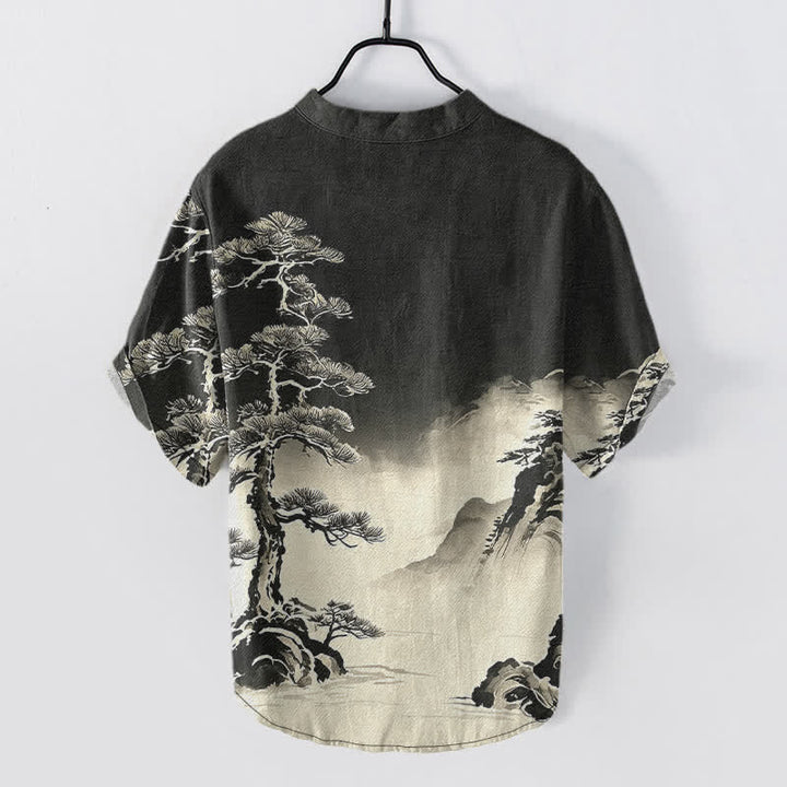 Buddha Stones Camicia da uomo a maniche corte con mezza abbottonatura, in cotone lavato a inchiostro con motivo paesaggistico. - image 1