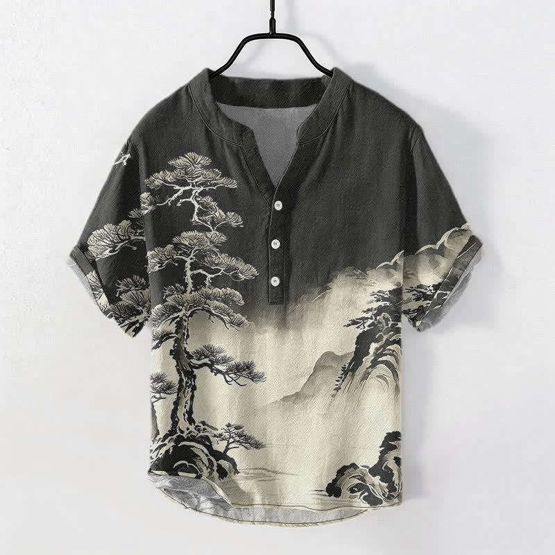 Buddha Stones Camicia da uomo a maniche corte con mezza abbottonatura, in cotone lavato a inchiostro con motivo paesaggistico. - Nero - US/UK/AU50, EU60 (5XL) - image 0