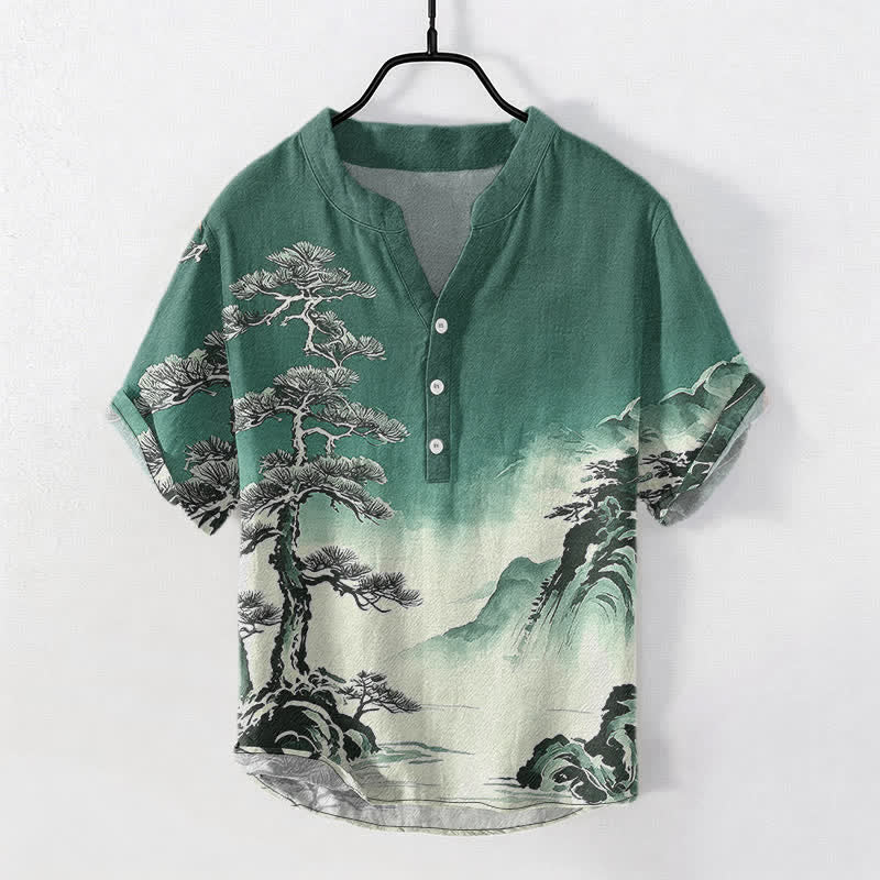 Buddha Stones Camicia da uomo a maniche corte con mezza abbottonatura, in cotone lavato a inchiostro con motivo paesaggistico. - Verde mare - US/UK/AU50, EU60 (5XL) - image 5