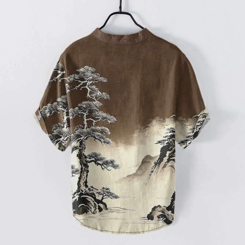 Buddha Stones Camicia da uomo a maniche corte con mezza abbottonatura, in cotone lavato a inchiostro con motivo paesaggistico. - Marrone sella - US/UK/AU50, EU60 (5XL) - image 8