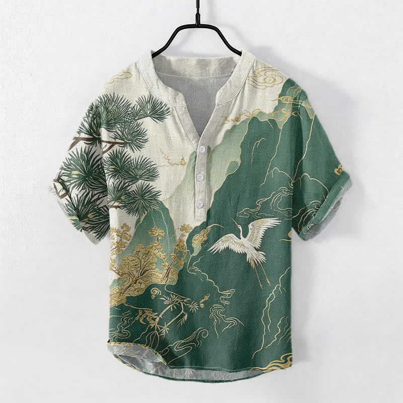 Buddha Stones Camicia da uomo a maniche corte con mezzo bottone, in cotone, con motivo paesaggio orientale a gru di montagna. - Verde studentesco - US/UK/AU50, EU60 (5XL) - image 0