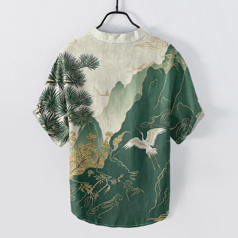Buddha Stones Camicia da uomo a maniche corte con mezzo bottone, in cotone, con motivo paesaggio orientale a gru di montagna. - image 1
