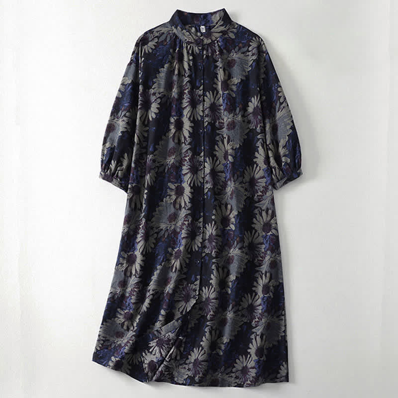 Buddha Stones Abito da donna primaverile vintage con colletto alla coreana, abbottonatura frontale, stampa floreale, maniche a tre quarti e tasche. - Blu mezzanotte - US12, UK/AU16, EU44 (2XL) - image 0