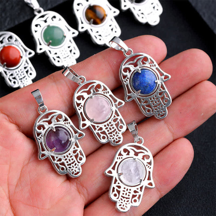 Buddha Stones Collana con intarsio in ossidiana nera naturale e palma Hamsa, simbolo di forza e resistenza. - image 22