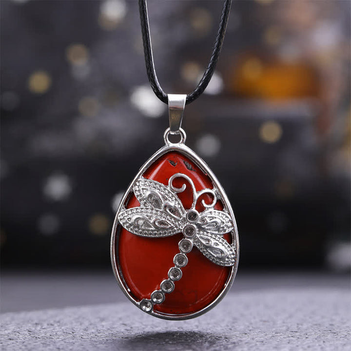 Buddha Stones Collana con intarsio a forma di goccia in avventurina verde naturale e cristallo a forma di libellula. - Agata rossa naturale (il colore può variare) - image 7