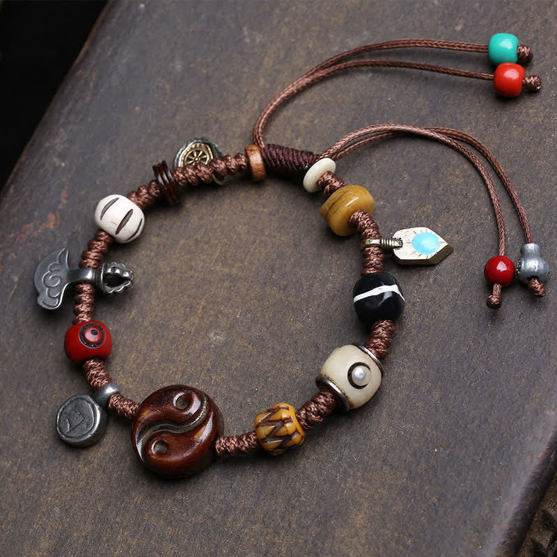 Buddha Stones Bracciale in corda intrecciata Yin Yang con motivo a ossa per l'equilibrio - Yin Yang (Circonferenza del polso: 17-23 cm) - image 0