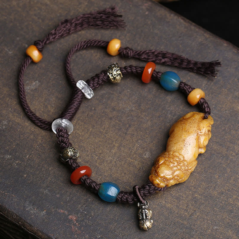 Buddha Stones Braccialetto portafortuna Bone PiXiu con corda intrecciata - image 1