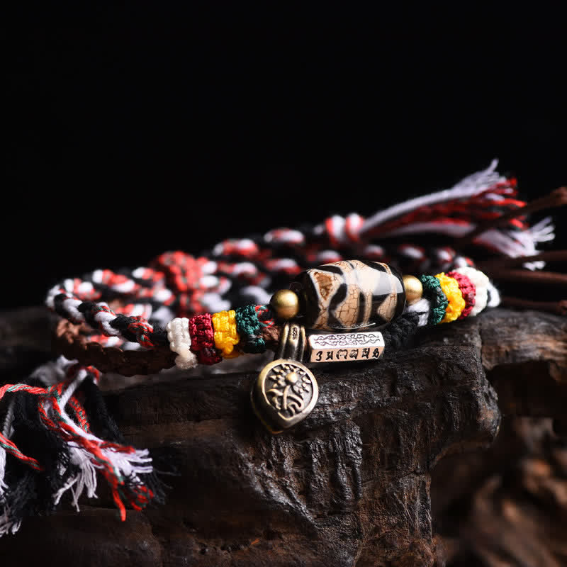 Buddha Stones Braccialetto della pace con corda intrecciata a doppio giro Dzi Beads Om Mani Padme Hum - Perline Dzi (Circonferenza del polso: 15-25 cm) - image 0