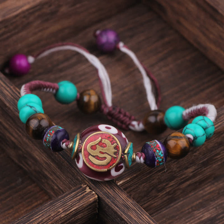 Buddha Stones Braccialetto dell'amore in corda intrecciata tibetana con turchese e ambra. - Corda bianca e viola (circonferenza del polso: 15-21 cm) - image 9