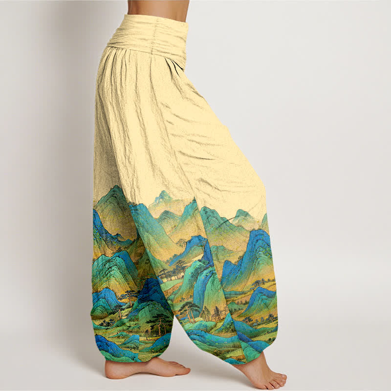 Buddha Stones Pantaloni harem da donna in puro cotone con motivo paesaggio montano blu e verde e vita elasticizzata. - image 7