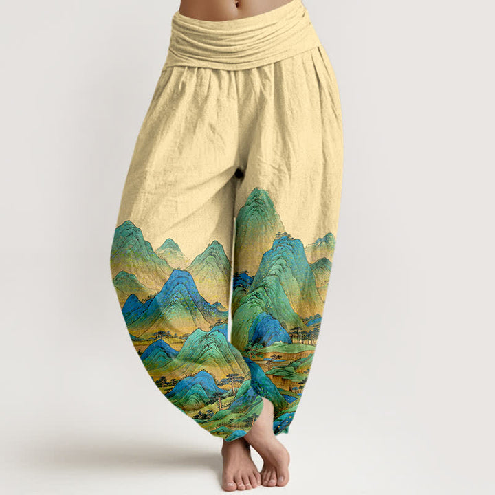 Buddha Stones Pantaloni harem da donna in puro cotone con motivo paesaggio montano blu e verde e vita elasticizzata. - LemonChiffon - US16, UK/AU20, EU48 (3XL) - image 5